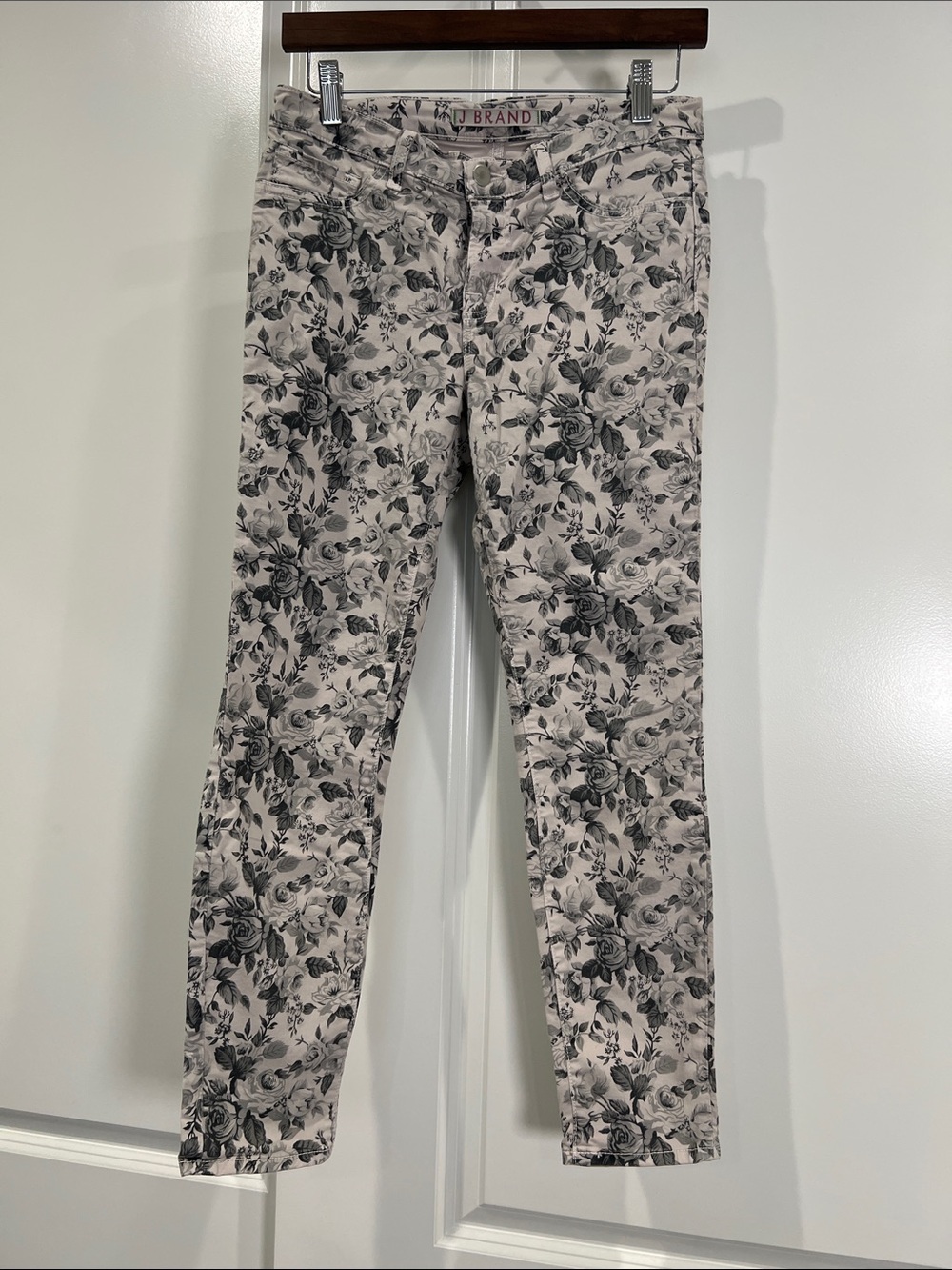 J Brand Cream Skinny Jeans with Black Floral Print